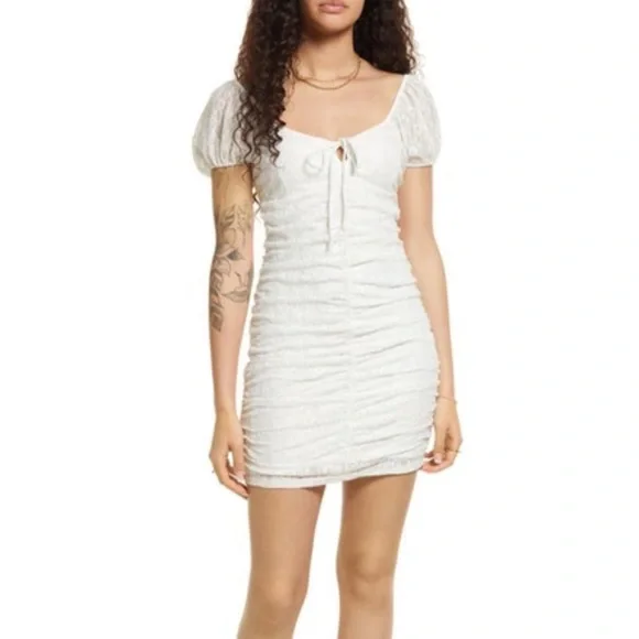 Ruched Lace Minidress In Ivory - Picture 1 of 8